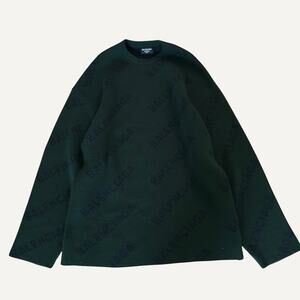Balenciaga All Over Logo Wool Knit Crewneck Sweater Dark Green Size L Mens